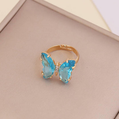 Elegant Gold Plated Blue Crystal Butterfly Ring For Women