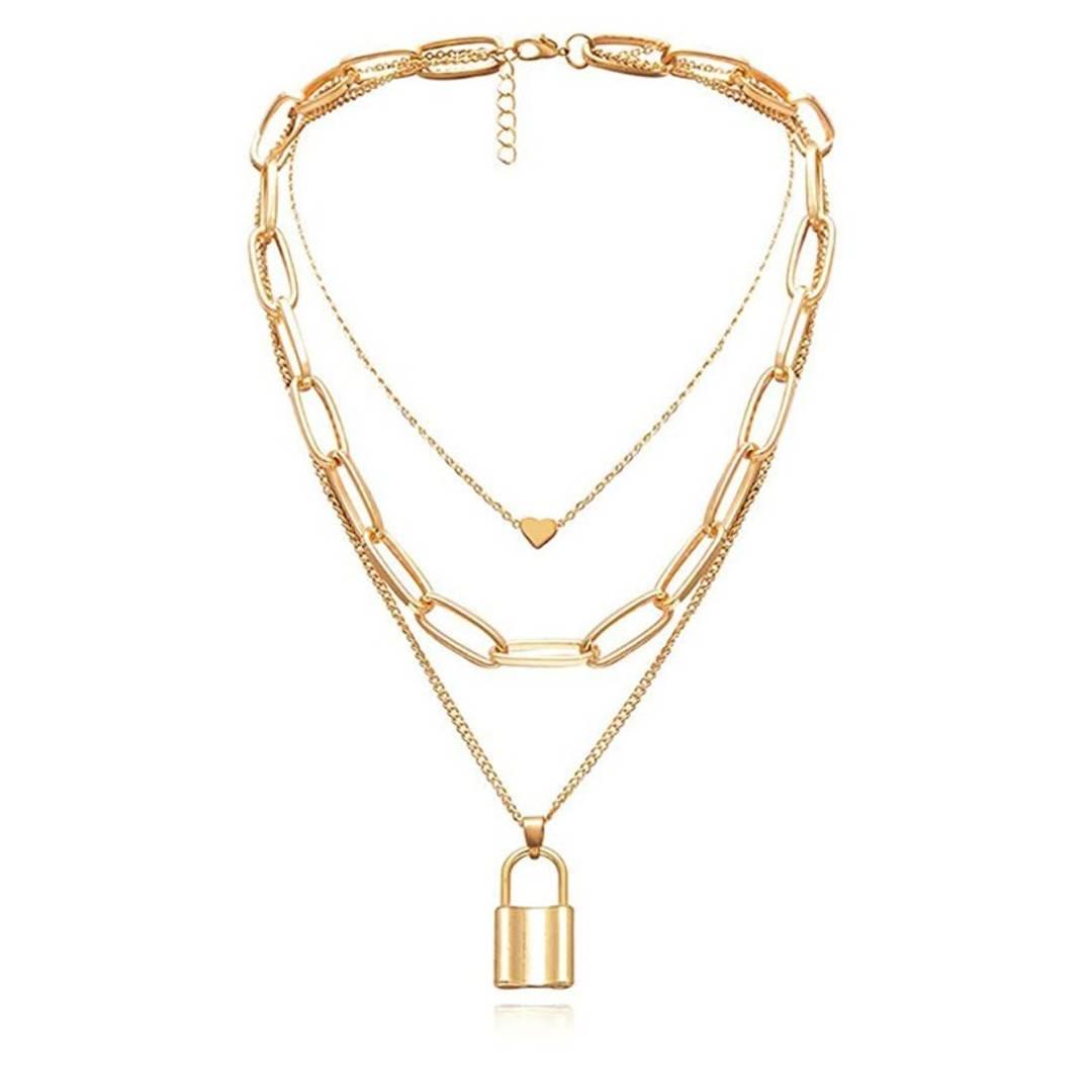 Trendy Lock Chain Design Multi Layered Chain Necklace Jewelry for Girls.